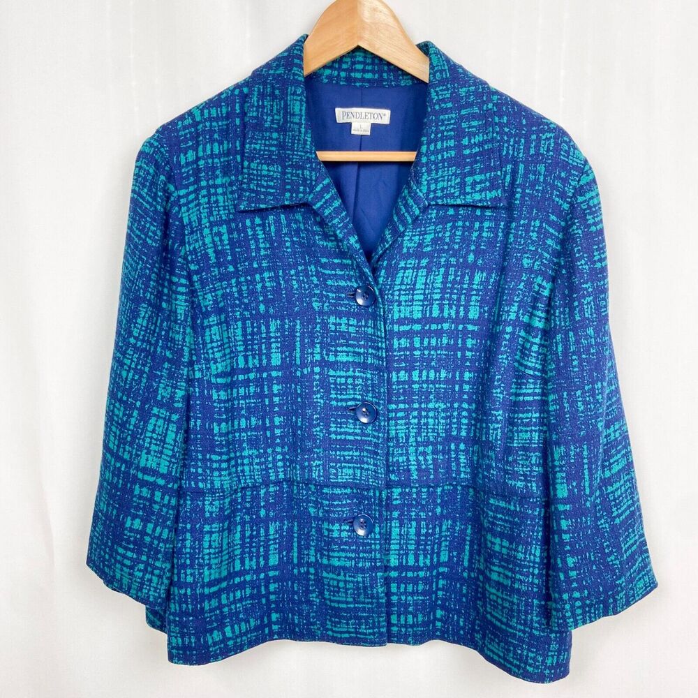 Pendleton‎ Linen Blend Blazer Size L Teal Royal Blue Crepe Abstract Twee Retro
